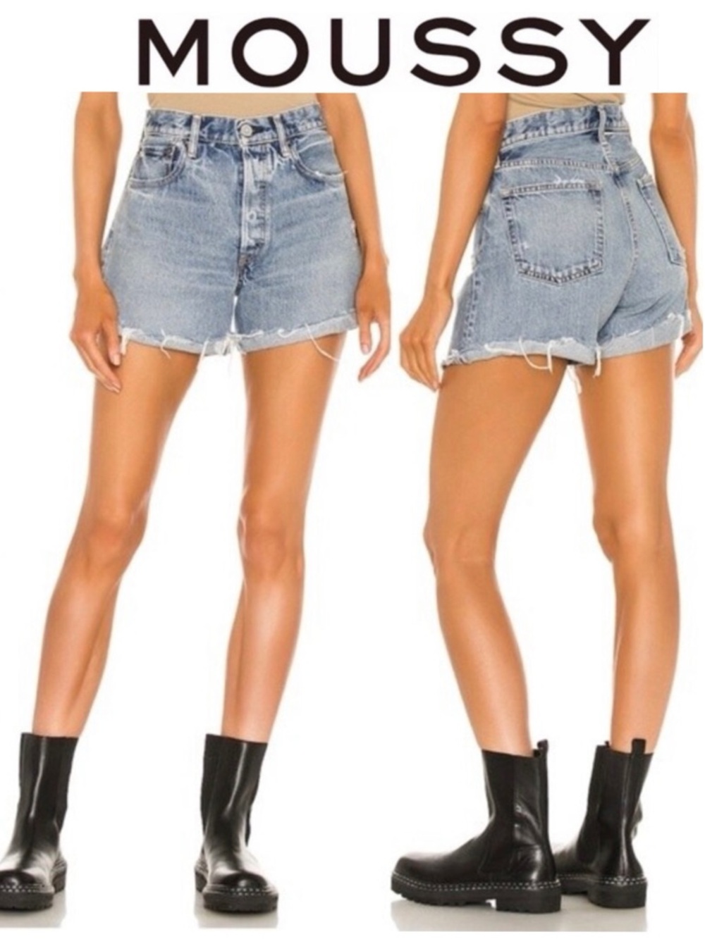 Moussy Vintage Upland High Waisted Button Fly Distressed Denim Jean Shorts 26